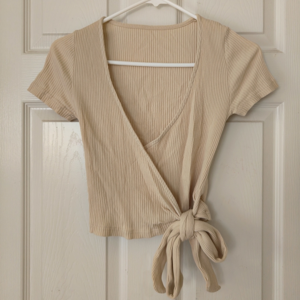 Beige Ribbed Wrap Top